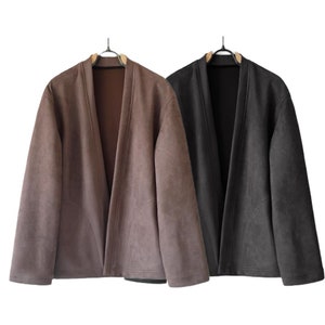 Japanese Casual Leather Minimalist Noragi | Unisex | Kimono Hanten Jacket | 2 Colors - Black & Coffee Brown | Hand Stitching