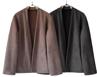 Japanese Casual Leather Minimalist Noragi | Unisex | Kimono Hanten Jacket | 2 Colors - Black & Coffee Brown | Hand Stitching