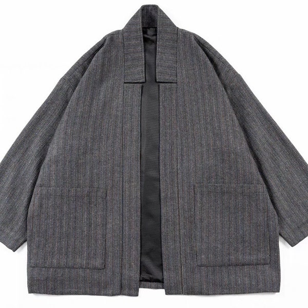 Veste haori à col gris japonais en laine mélangée | Kimono et noragi | Style rétro | Unisexe | Pantalons | Ensemble complet