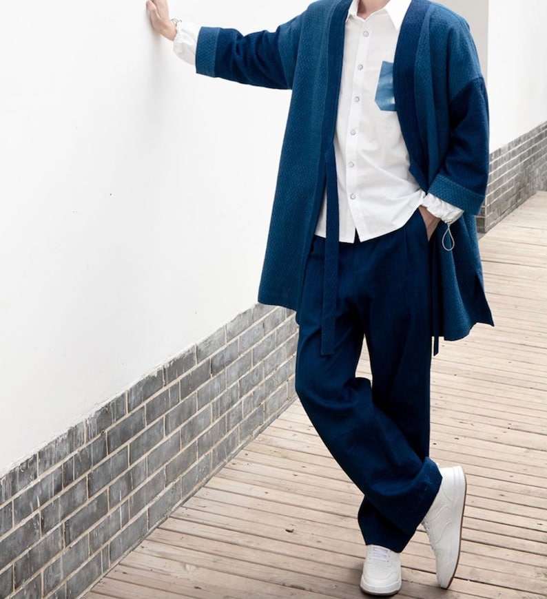 Personalised Blue Experiment Japanese Plant Dyed Handmade Unisex Japanese Kimono Noragi Patchwork Long Tie Font Jacket