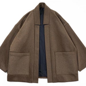 Japanese Brown Wool Blend Collared Haori Jacket | Kimono & Noragi | Retro Style | Unisex
