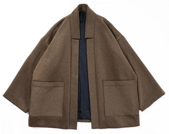 Haori-Jacke mit Kragen aus japanischer, brauner Wollmischung | Kimono & Noragi | Retro-Stil | Unisex