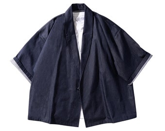 Japanese Dark Navy Button Up Noragi Jacket | Unisex | Half Sleeves Length | Retro Haori Hanten Kimono | Lightweight