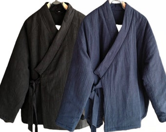 Kimono unisexe extra chaud en coton japonais Noragi Hanten Haori Veste rembourrée | Union Indigo | 2 couleurs - noir, bleu