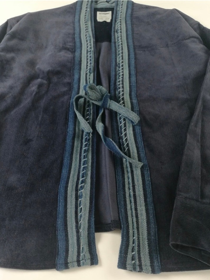 Indigo Union Handmade Corduroy Dyed Fabrics Unisex Japanese Traditional Kimono Noragi Shirt 2 colors