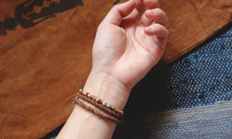 Japanese Handmade Organic Dyed Persimmon Dye Brown Kofu Woven Bracelet, Wristband, String Bracelet Gift Friendship Bracelet Unisex image 8
