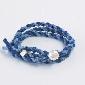 Japanese Handmade Organic Plant Dye Silver Buckle Three Loops Woven Bracelet Ramie Indigo Dye Tie Dye 50cm Unisex Thin Edition Blue & Blue