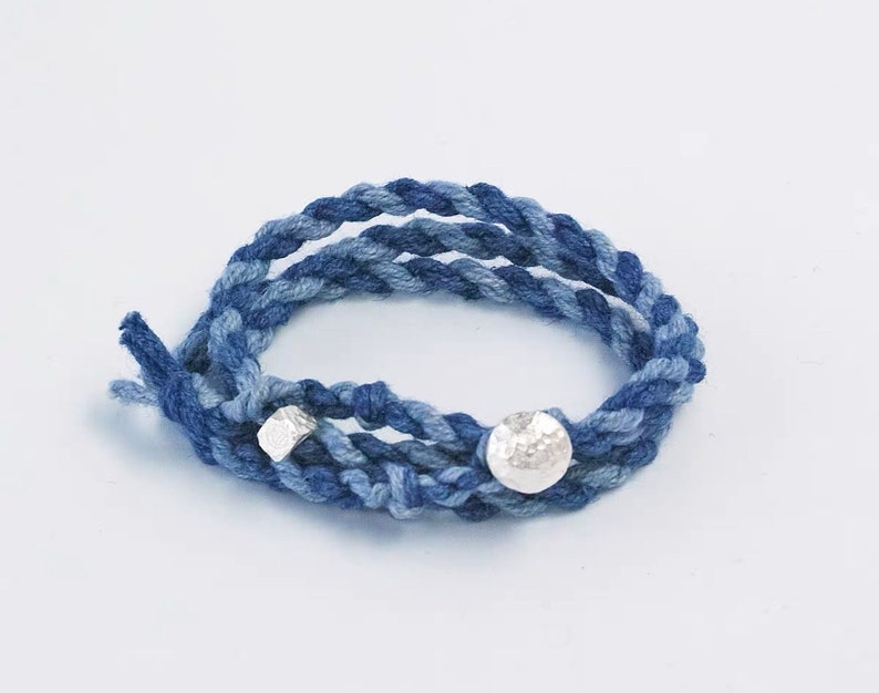 Japanese Handmade Organic Plant Dye Silver Buckle Three Loops Woven Bracelet Ramie Indigo Dye Tie Dye 50cm Unisex Thin Edition Blue & Blue