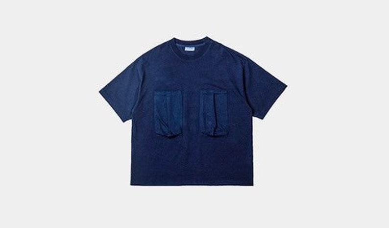 Japanese Indigo Dye Big Double Pockets T-Shirt Organic Plant Hand Dye in Cotton Mid Blue Spring & Summer Collection Gift Idea image 4