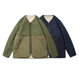 Japanese M51 Waterproof Nylon Fabric Patchwork Unisex Polyester Sherpa Jacket, 3 Colors - Black, Navy, Green | Made to Order