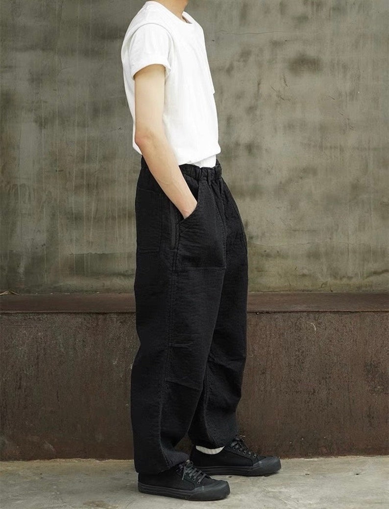 Japanese Black Kendo Sashiko Vintage Style Pants Oversized Mens Worker Trousers image 1