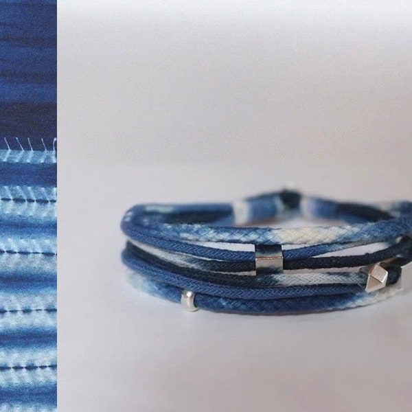 Bracelet tissé japonais fait main en argent 925 tie-dye bleu indigo | Cadeau | Bracelet de l'amitié | Unisexe