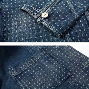 Japanese Organic Discharge Dye Cotton Hand-Stitched Sashiko Triangle Worker Jacket Blue Men's Coat Regular Fit image 6