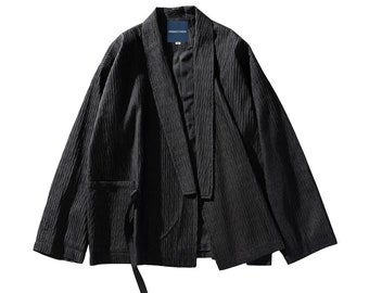 Indigo Union Japanese Black Fold Front Haori 3/4 Sleeves Lightweight Kimono Noragi Hanten Jacket | Unisex