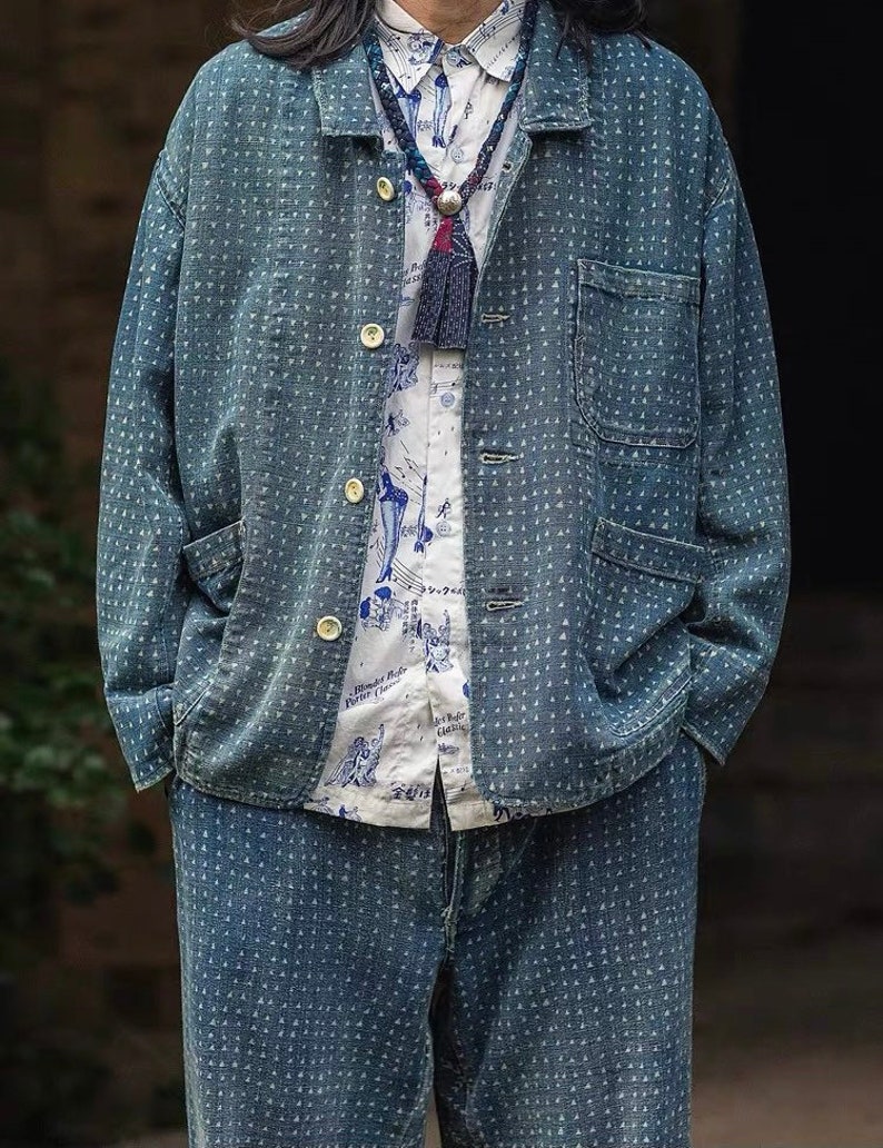 Japanese Organic Discharge Dye Cotton Hand-Stitched Sashiko Triangle Worker Jacket Blue Men's Coat Regular Fit image 9