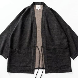 Japanese Style Black Dragon Pale Crossed Stitching Unisex Kimono Noragi 3/4 Sleeves Jacket | Indigo Union | Tie Front