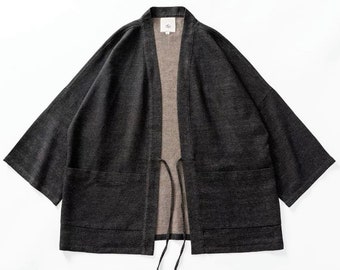 Japanese Style Black Dragon Pale Crossed Stitching Unisex Kimono Noragi 3/4 Sleeves Jacket | Indigo Union | Tie Front