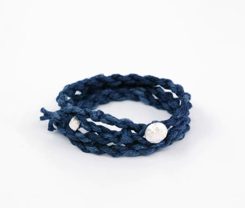 Japanese Handmade Organic Plant Dye Silver Buckle Three Loops Woven Bracelet Ramie Indigo Dye Tie Dye 50cm Unisex Thin Edition Indigo Blue