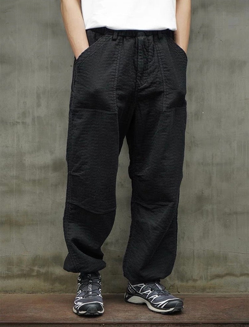 Japanese Black Kendo Sashiko Vintage Style Pants Oversized Mens Worker Trousers image 6