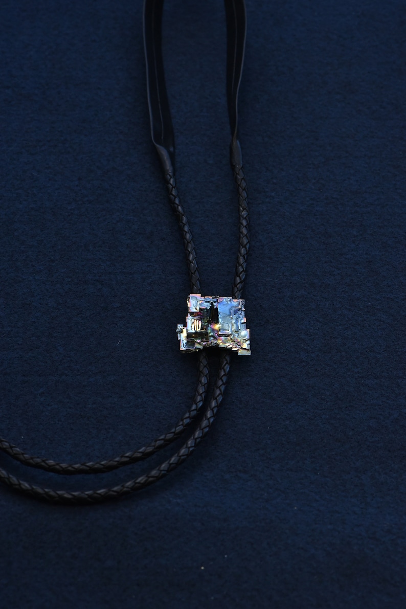 Unique Crystals Made From Molten Bismuth Metal Sculptural Bolo Tie City Blue Naturally Iridescent and Sculptural