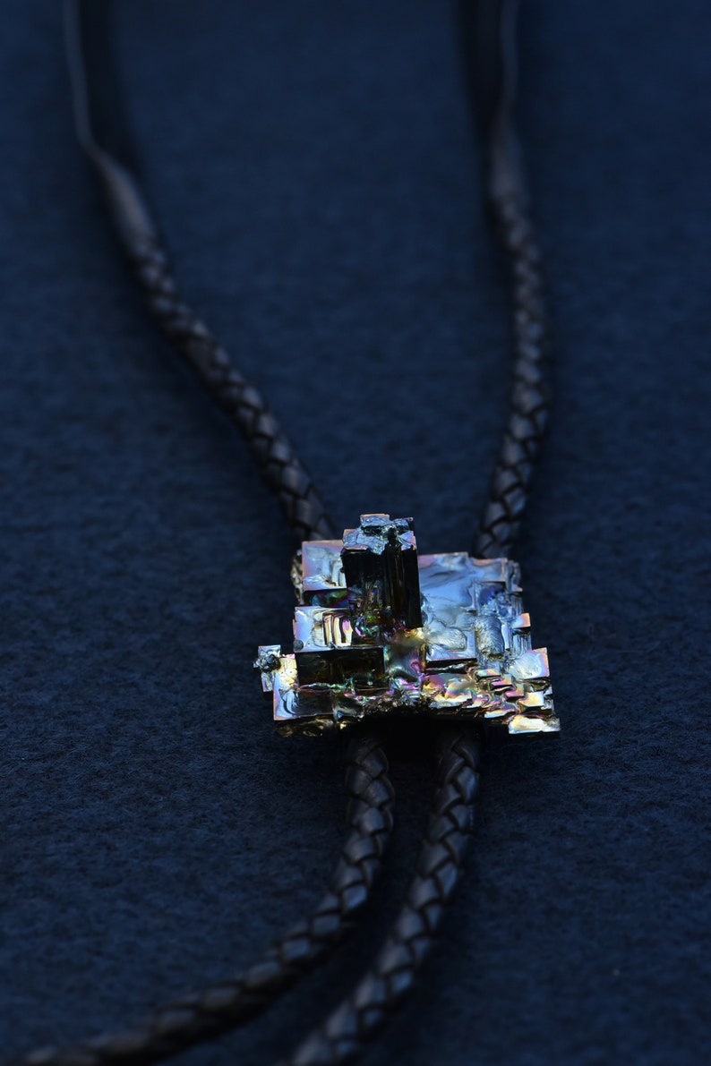 Unique Crystals Made From Molten Bismuth Metal Sculptural Bolo Tie City Blue Naturally Iridescent and Sculptural