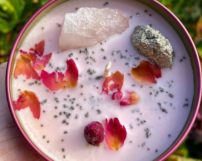Featured listing image: ALOHA Crystal and Aromatherapy Candle Charged with Rose Quartz and Pyrite Crystals! FREE Shipping Available!