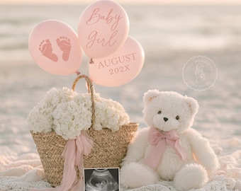 Beach Pregnancy Announcement Digital, It's a Girl, Editable Social Media Template, Gender Reveal