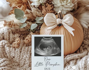 May include: A white card with a black and white ultrasound image and the text "Our Little Pumpkin Due April 2025" is placed on a knitted blanket next to a small orange pumpkin with a white bow.