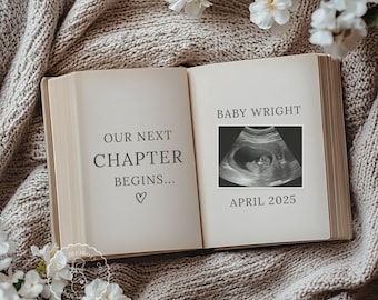 Book Pregnancy Announcement Digital, Neutral Announcement, Editable Social Media Template, Pregnancy Reveal, Boho, Our Next Chapter Begins