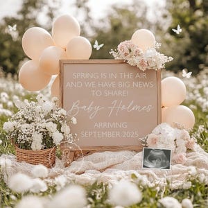 Neutrale Schwangerschaftsankündigung Digital, Frühlingsankündigung, bearbeitbare Social Media-Vorlage, Schwangerschaft Gender Reveal, Ostern