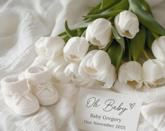 Neutral Pregnancy Announcement Digital, Tulips Spring Reveal, Editable Social Media Template