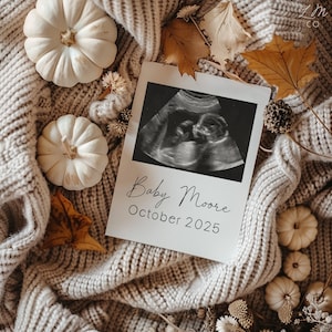 Anuncio digital de embarazo de otoño, calabazas, plantilla editable para redes sociales, revelación del género del embarazo, anuncio de Acción de Gracias, neutro