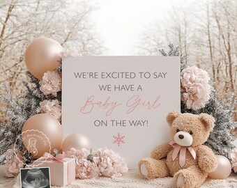 Baby Girl Pregnancy Announcement Digital, Baby Sister, Editable Social Media Template, Pregnancy Gender Reveal, Winter Christmas, It's a Gir