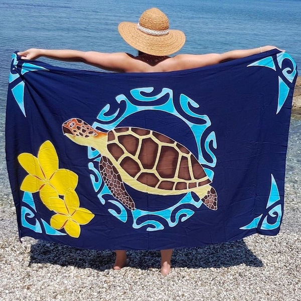 Paréo | Tortue et ses frangipanes | Haut de Gamme | Le Comptoir de Cyssou | Peint à la main | Batik | Sarong | 100% Rayonne