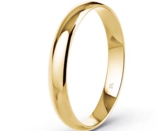 9K Solid Yellow Gold / 2mm Wedding Ring / Band D-Shape / Lightweight / Size F - T / (375 & Workshop Stamp) / Handmade