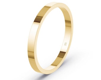 9K Solid Yellow Gold / 2mm Wedding Ring / Band Flat-Shape / Lightweight / Size F - T / (375 & Workshop Stamp) / Handmade