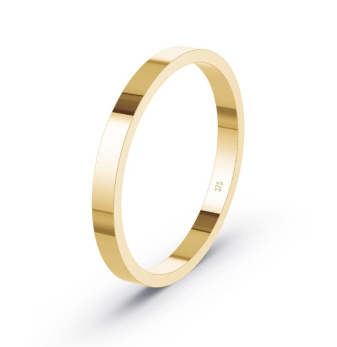 9K Solid Yellow Gold / 2mm Wedding Ring / Band Flat-shape / Lightweight