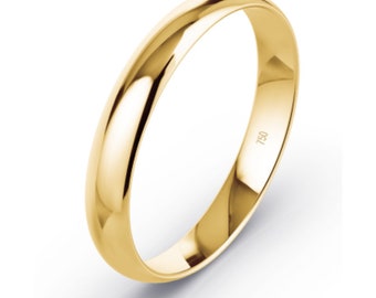 18K Solid Yellow Gold / 3mm Wedding Ring / Band / D-Shape / Lightweight / Size F - T / (750 & Workshop Stamp) / Handmade