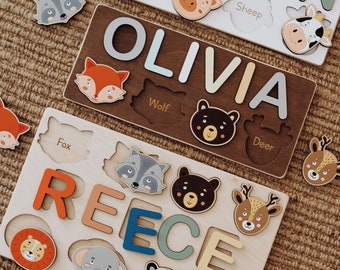 Personalized Name Puzzle with Animals - Nursery Montessori Toys - Kids Name Puzzle - Birthday Girl and Boy gifts