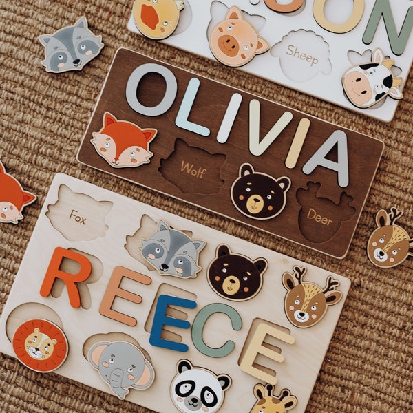 Personalized Name Puzzle with Animals - Nursery Montessori Toys - Kids Name Puzzle - Birthday Girl and Boy gifts