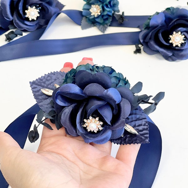 Navy Blue Corsage and Boutonnieres Set, Wedding Corsages, Wrist Corsage, Elegance Wedding Corsage, Bridesmaids Corsage, Bridal Bracelets