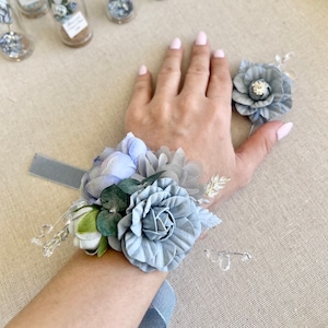 Dusty Blue Prom Corsage and Boutonniere Set, Mom Corsage, Wrist Wedding Corsage, Wedding Corsage, Bridesmaids Corsage, Blue Bridal Bracelets
