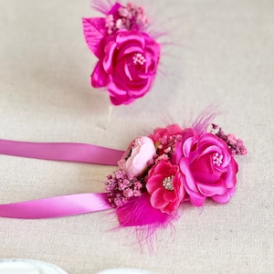 Hot Pink Corsage and Boutonniere Set, Prom Corsage, Wrist Wedding Corsage, Wedding Corsage, Bridesmaids Corsage, Feather Bridal Bracelets