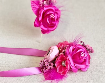 Hot Pink Corsage and Boutonniere Set, Prom Corsage, Wrist Wedding Corsage, Wedding Corsage, Bridesmaids Corsage, Feather Bridal Bracelets