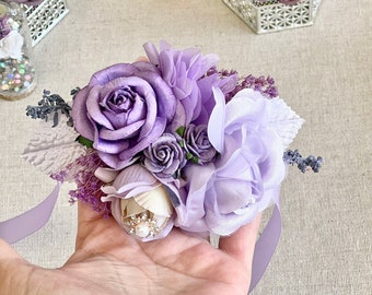 Lilac Corsage and Boutonniere Set, Prom Corsage, Wrist Wedding Corsage, Wedding Corsage, Bridesmaids Corsage, Lavender Bridal Bracelets