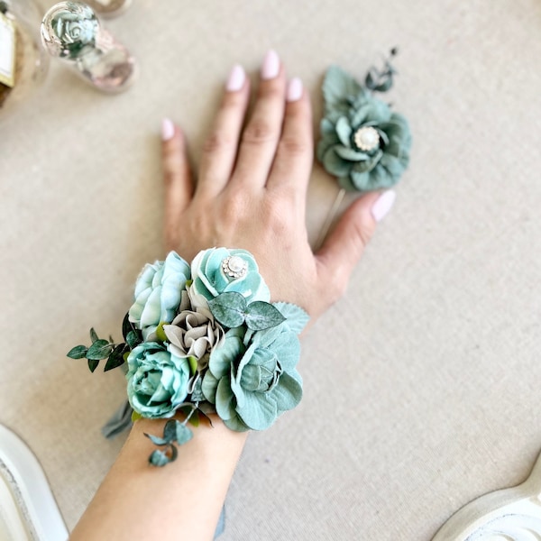 Teal Prom Corsage en Boutonniere Set, Moeder Corsage, Pols Bruiloft Corsage, Bruiloft Corsage, Bruidsmeisjes Corsage, Groen Blauwe Bruidsarmbanden