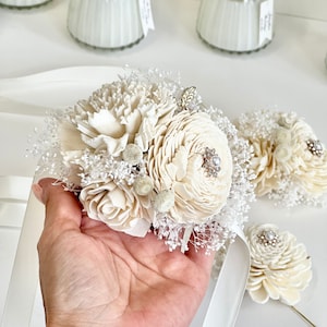 Ivory Sola Wood Flower Corsages and Boutonnières Set, Wrist Corsage, Rustic Corsage, Bridesmaids Corsage, Bridal Bracelets, Corsage for Mom
