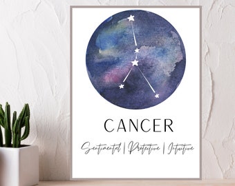 Cancer Constellation Zodiac Star Sign Digital Download Printable, Night Sky Art Print, Cancer SVG, Watercolor Nursery Wall Art