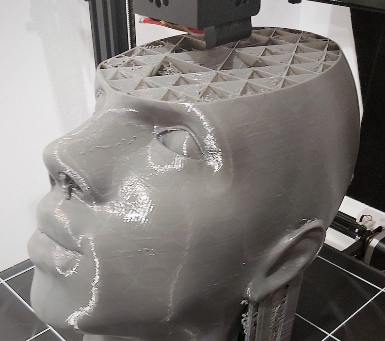Op de afbeelding: Een grijze 3D-geprinte menselijke kop met een open bovenkant, die een geometrische roosterstructuur onthult. De kop wordt afgedrukt door een 3D-printer, met de printkop erboven. De sculptuur is een representatie van het menselijk hoofd.