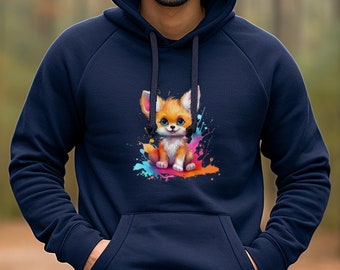 Hoodie “Kleine vos met verfspatten”, grappige brutale hoodie, zwart, navy, wit, koningsblauw of rood